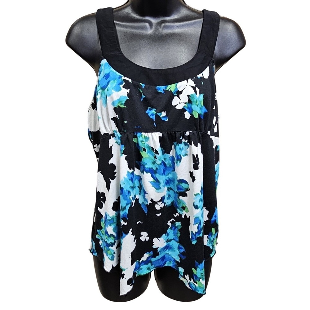Floral Tank Top Women Linea Donatella Vintage‎ Flared Flowy Black & Blue Size Sm